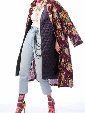 🔥 Aratta Cara Delavinge Long Coat in Gorgeous Burgundy Pink Floral Print S 🔥
